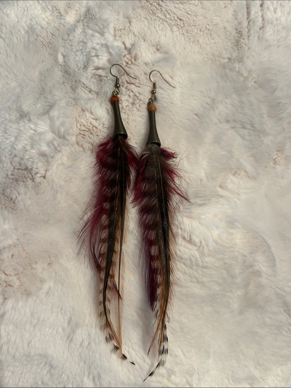 Feather Drop Earrings - Burgundy and Brown Women’s Jewelry